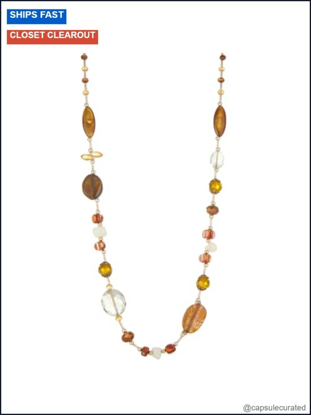 Long Chunky Beaded Boho Necklace with Natural Stone Crystals Handmade Costume